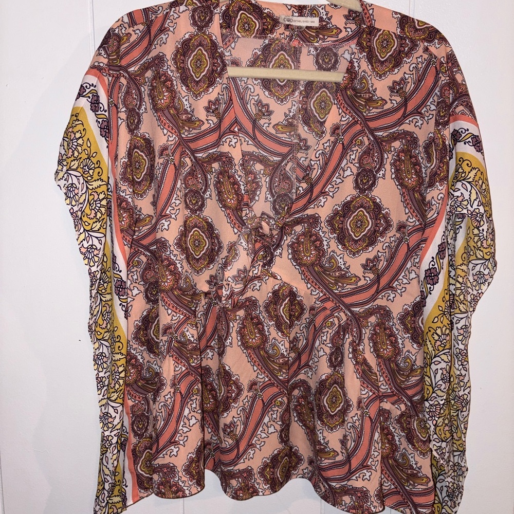 Cato Peach Paisley Print Blouse with Mustard Accent
